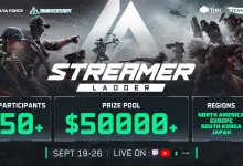 Delta Force Streamer Ladder promotional graphic showing 50+ participants from North America, Europe, South Korea, and Japan