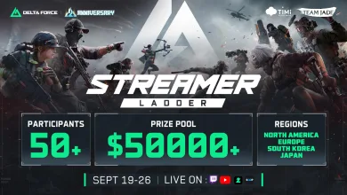Delta Force Streamer Ladder promotional graphic showing 50+ participants from North America, Europe, South Korea, and Japan