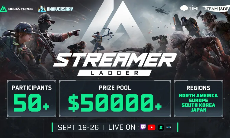 Delta Force Streamer Ladder promotional graphic showing 50+ participants from North America, Europe, South Korea, and Japan
