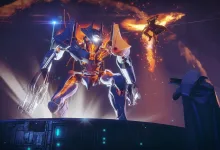Destiny 2 gameplay scene showing an armored Guardian facing a towering mechanical enemy in a futuristic environment.