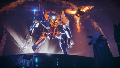 Destiny 2 gameplay scene showing an armored Guardian facing a towering mechanical enemy in a futuristic environment.