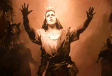 A woman raises her arms in a dim, firelit scene from Diablo 5.