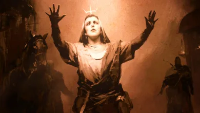 A woman raises her arms in a dim, firelit scene from Diablo 5.