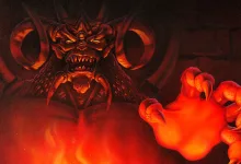 A horned demon raises a clawed hand amid red fire in Diablo concept art.