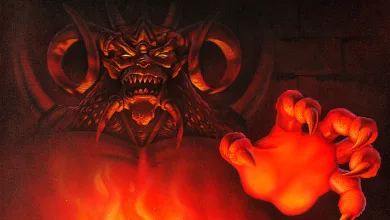 A horned demon raises a clawed hand amid red fire in Diablo concept art.