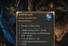 Annihilus Unique Horadric Seal item panel showing a blue charm and its bonuses in Diablo IV.