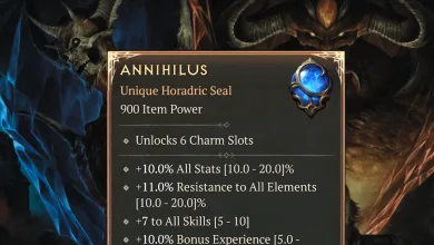 Annihilus Unique Horadric Seal item panel showing a blue charm and its bonuses in Diablo IV.