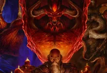Artwork for Diablo IV Season of Hell's Legacy showing Diablo looming over Deckard Cain, with other demonic figures surrounding them.
