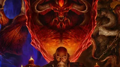 Artwork for Diablo IV Season of Hell's Legacy showing Diablo looming over Deckard Cain, with other demonic figures surrounding them.