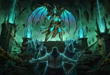 A Diablo IV player character faces a glowing winged demon in a dark blue-green cavern.