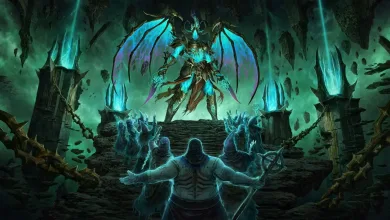 A Diablo IV player character faces a glowing winged demon in a dark blue-green cavern.