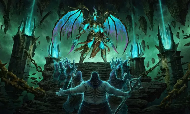 A Diablo IV player character faces a glowing winged demon in a dark blue-green cavern.