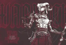 Stylized Diablo IV Warlock artwork showing a horned armored character holding a curved weapon against a dark red background.