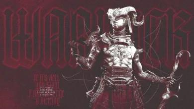 Stylized Diablo IV Warlock artwork showing a horned armored character holding a curved weapon against a dark red background.
