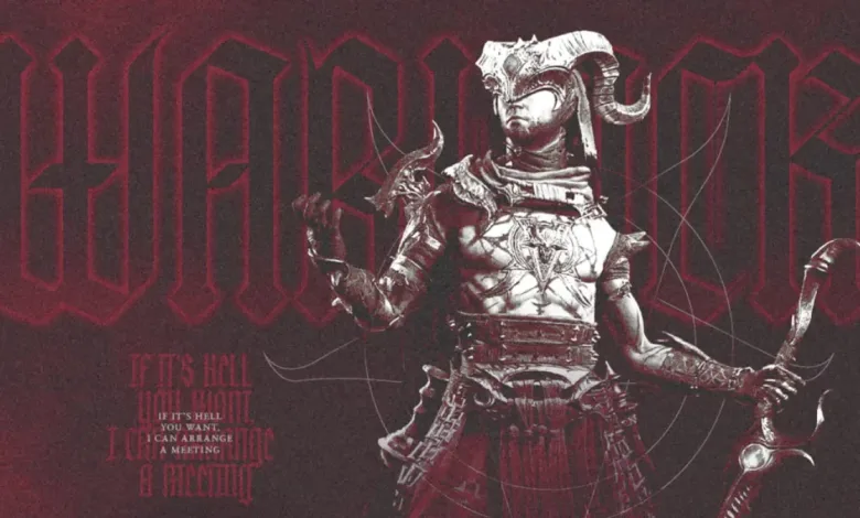 Stylized Diablo IV Warlock artwork showing a horned armored character holding a curved weapon against a dark red background.