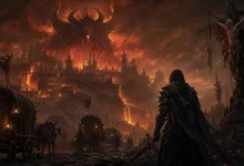 A cloaked figure overlooks a burning fortress in the ruined world of Diablo V.