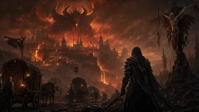 A cloaked figure overlooks a burning fortress in the ruined world of Diablo V.