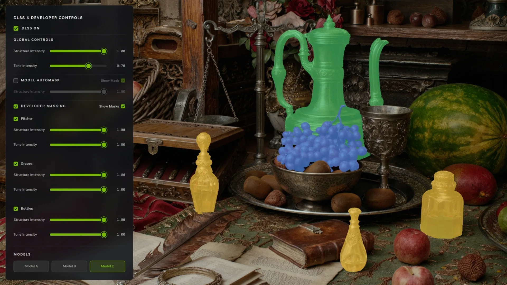 DLSS 5 developer controls marking objects in a scene