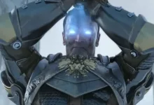 A blue-faced armored demon looms in a scene from Dragon Age: Origins