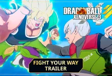 DRAGON BALL XENOVERSE 3 artwork showing Broly facing a white-haired Capsule Corp fighter in battle