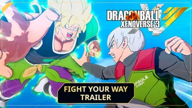 DRAGON BALL XENOVERSE 3 artwork showing Broly facing a white-haired Capsule Corp fighter in battle