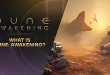 Dune: Awakening title card showing a desert landscape on Arrakis with a large sandworm rising in the distance.