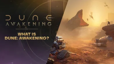 Dune: Awakening title card showing a desert landscape on Arrakis with a large sandworm rising in the distance.