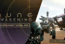 Dune: Awakening player screenshot showing a character beside vehicles in a desert setting, labeled Communinet Signal #20
