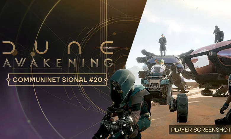 Dune: Awakening player screenshot showing a character beside vehicles in a desert setting, labeled Communinet Signal #20