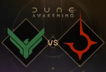Dune: Awakening artwork showing the House Atreides and House Harkonnen symbols facing off