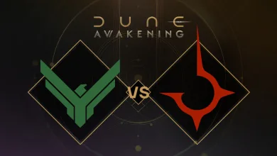Dune: Awakening artwork showing the House Atreides and House Harkonnen symbols facing off