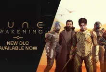 Promotional artwork for Dune: Awakening showing five characters in armor and clothing beside the words New DLC Available Now.