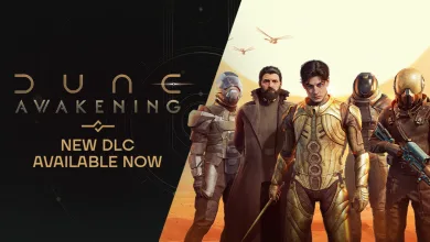 Promotional artwork for Dune: Awakening showing five characters in armor and clothing beside the words New DLC Available Now.