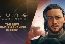 A dark-haired character in futuristic clothing appears against a desert landscape beside the Dune: Awakening logo.