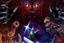 Fantasy artwork for Dwarf Fortress showing a robed figure at the center surrounded by monsters.