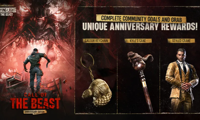 Dying Light: The Beast anniversary graphic showing the Castor Keychain, Kyle's Cane, and Stylish Crane rewards