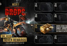 Dying Light: The Beast Week 1 Crane's Anniversary Drops graphic showing seven daily reward slots from September 21 through September 27, including a highlighted September 25 reward