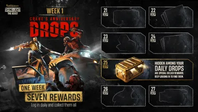 Dying Light: The Beast Week 1 Crane's Anniversary Drops graphic showing seven daily reward slots from September 21 through September 27, including a highlighted September 25 reward