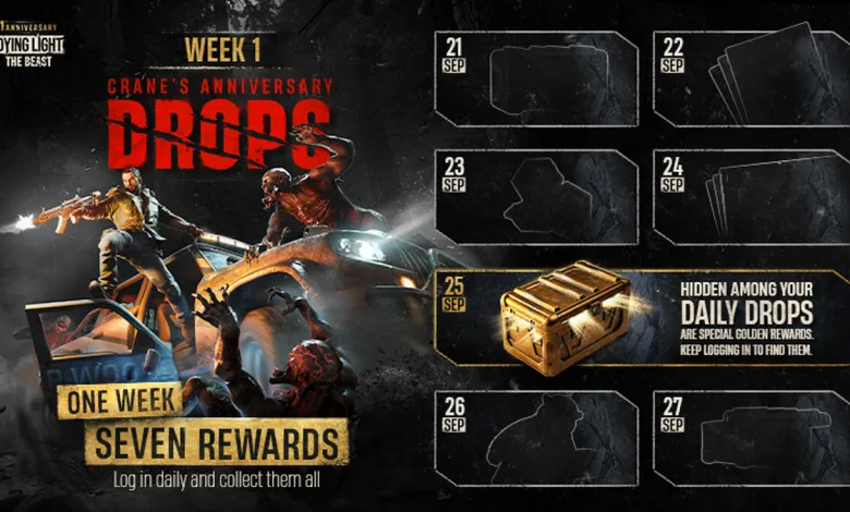 Dying Light: The Beast Week 1 Crane's Anniversary Drops graphic showing seven daily reward slots from September 21 through September 27, including a highlighted September 25 reward