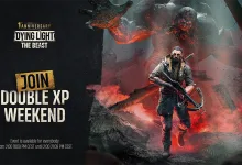 Dying Light: The Beast artwork showing a survivor with a crossbow amid red creatures beside a Double XP Weekend announcement.