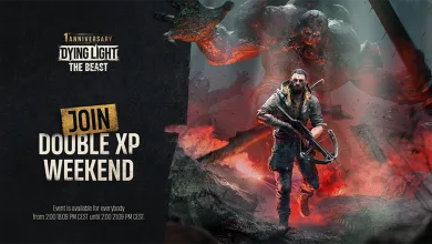 Dying Light: The Beast artwork showing a survivor with a crossbow amid red creatures beside a Double XP Weekend announcement.