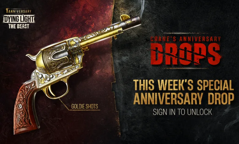 Gold-colored revolver shown as the Goldie Shots reward in Dying Light: The Beast's Crane's Anniversary Drops