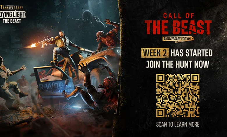 Dying Light: The Beast Week 2 event artwork showing survivors fighting zombies beside a notice that the community hunt has started
