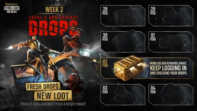Dying Light: The Beast Week 2 Crane's Anniversary Drops calendar showing daily reward slots from September 28 through October 4, including a highlighted golden chest on October 2.