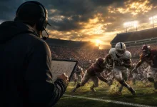 A football coach wearing a headset studies a play board as players run a play in a sunlit college stadium.