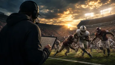 A football coach wearing a headset studies a play board as players run a play in a sunlit college stadium.