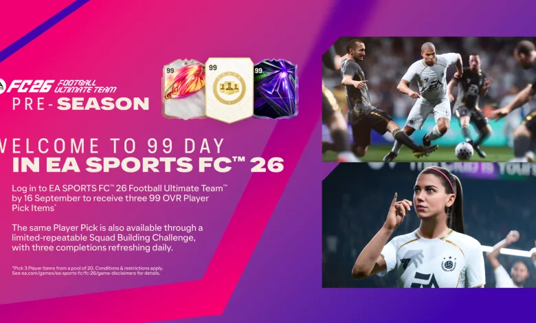 EA SPORTS FC 26 99 Day graphic showing 99-rated player-item cards, football gameplay, and a footballer.