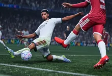 EA Sports FC 27 players contesting the ball during a match, with a player in white sliding against an opponent in red