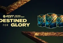 EA SPORTS FC 27 Destined for Glory artwork showing three Ultimate Team player cards