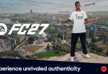 A footballer in an EA Sports FC 27 kit stands above a city skyline with a stadium and football pitch below.